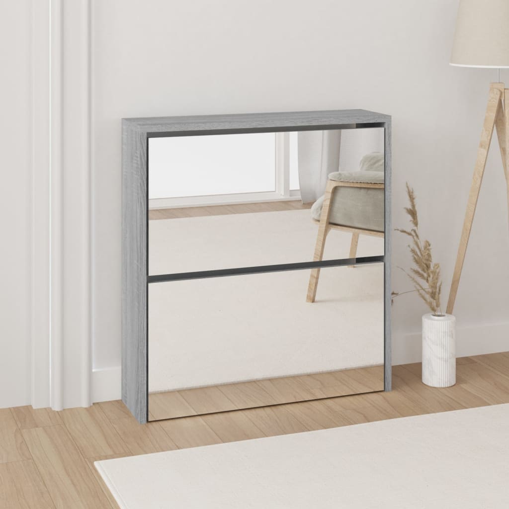 Schuhschrank Mit Spiegel 3 Fächer 63X17X102,5 Cm Grau Sonoma