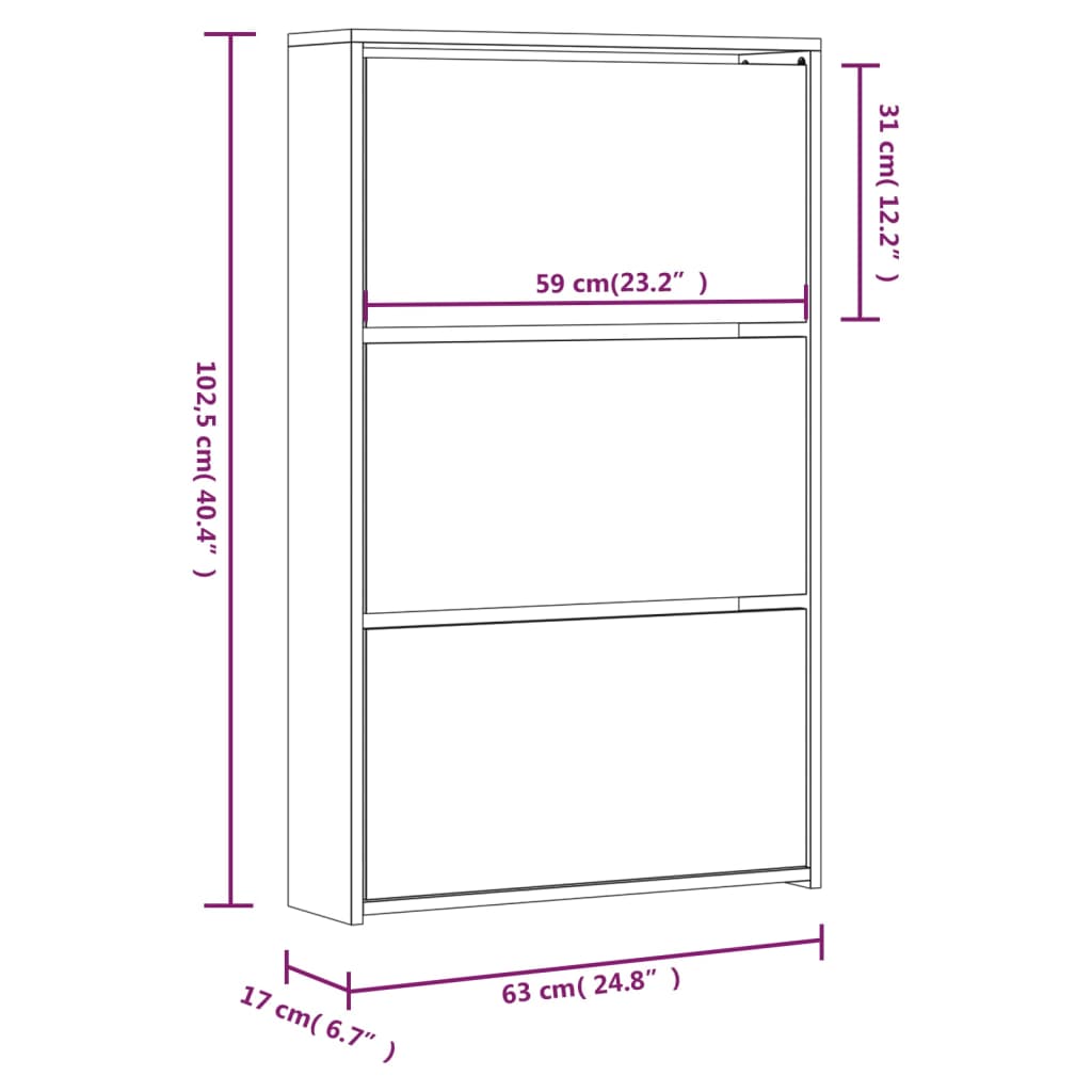 Schuhschrank Mit Spiegel 3 Fächer 63X17X102,5 Cm Grau Sonoma