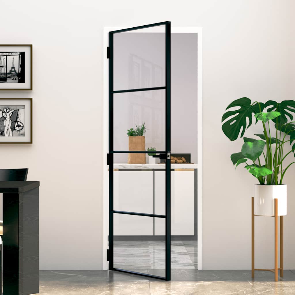 Innentür Schwarz 102X201,5 Cm Hartglas & Aluminium Schlank Schwarz Und Transparent