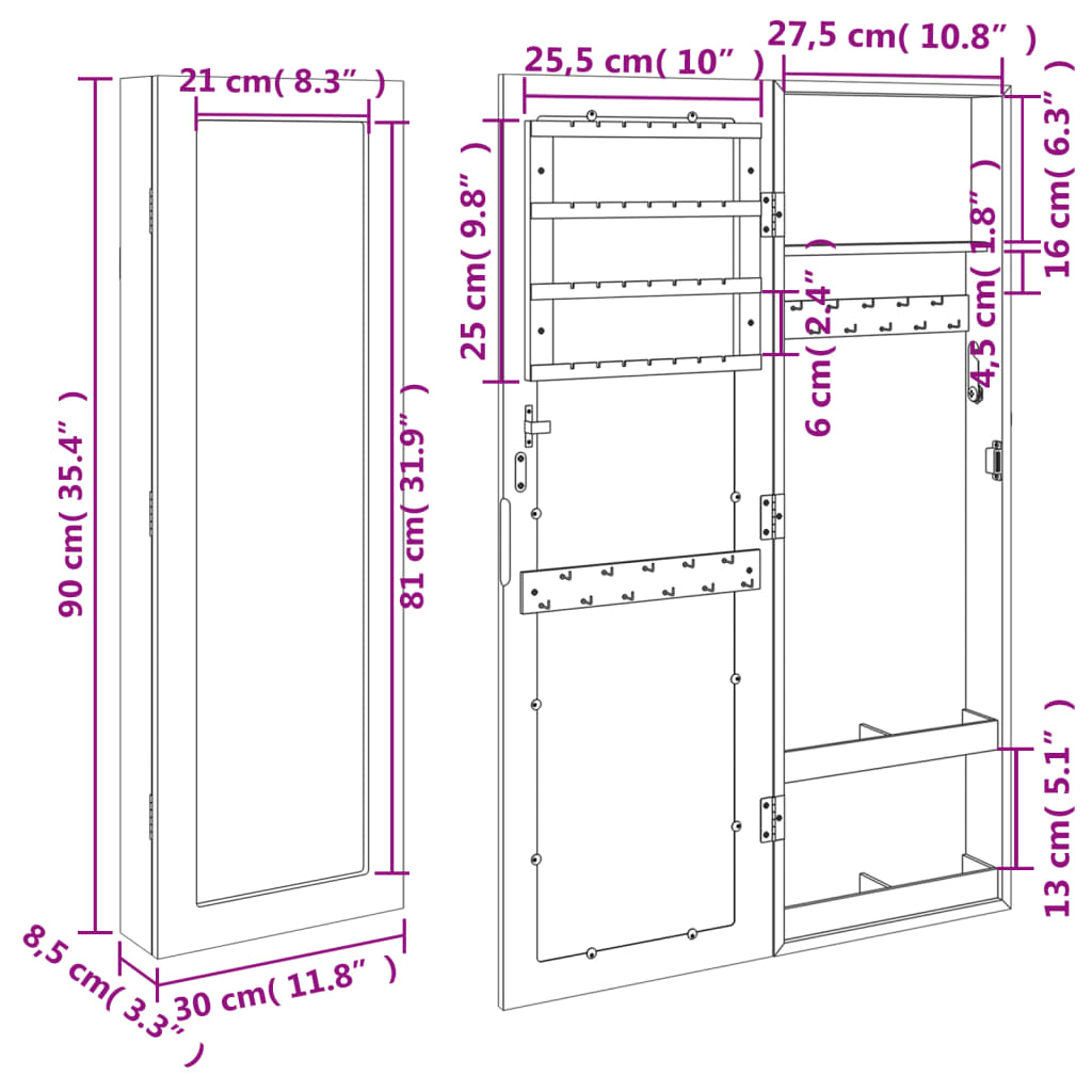 Schmuckschrank Mit Spiegel Wandmontage 30X8,5X90 Cm