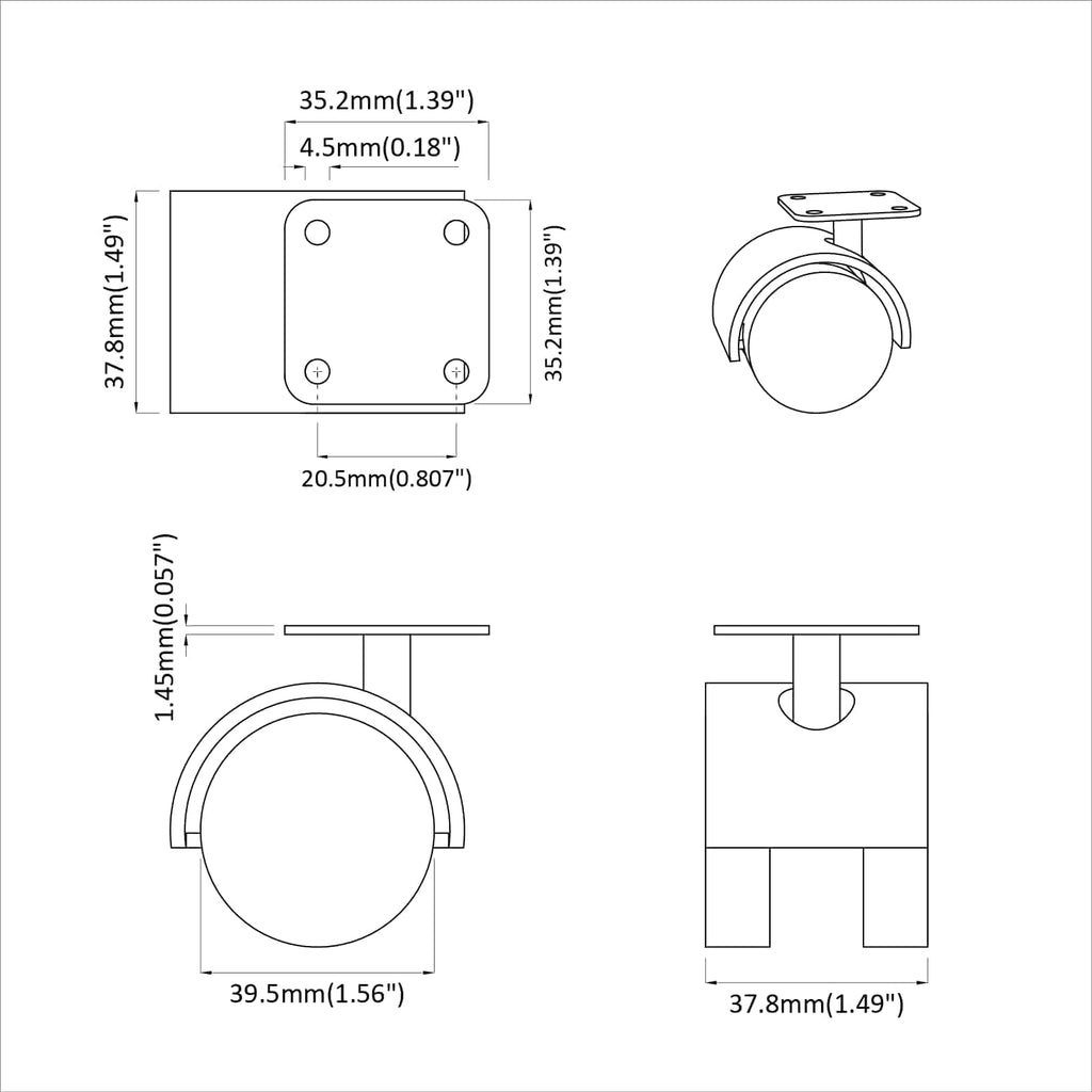 Drehrolle 2 Pcs Schwarz 39,5 X 39,5 X 37,8 Mm Eisen Und Pp