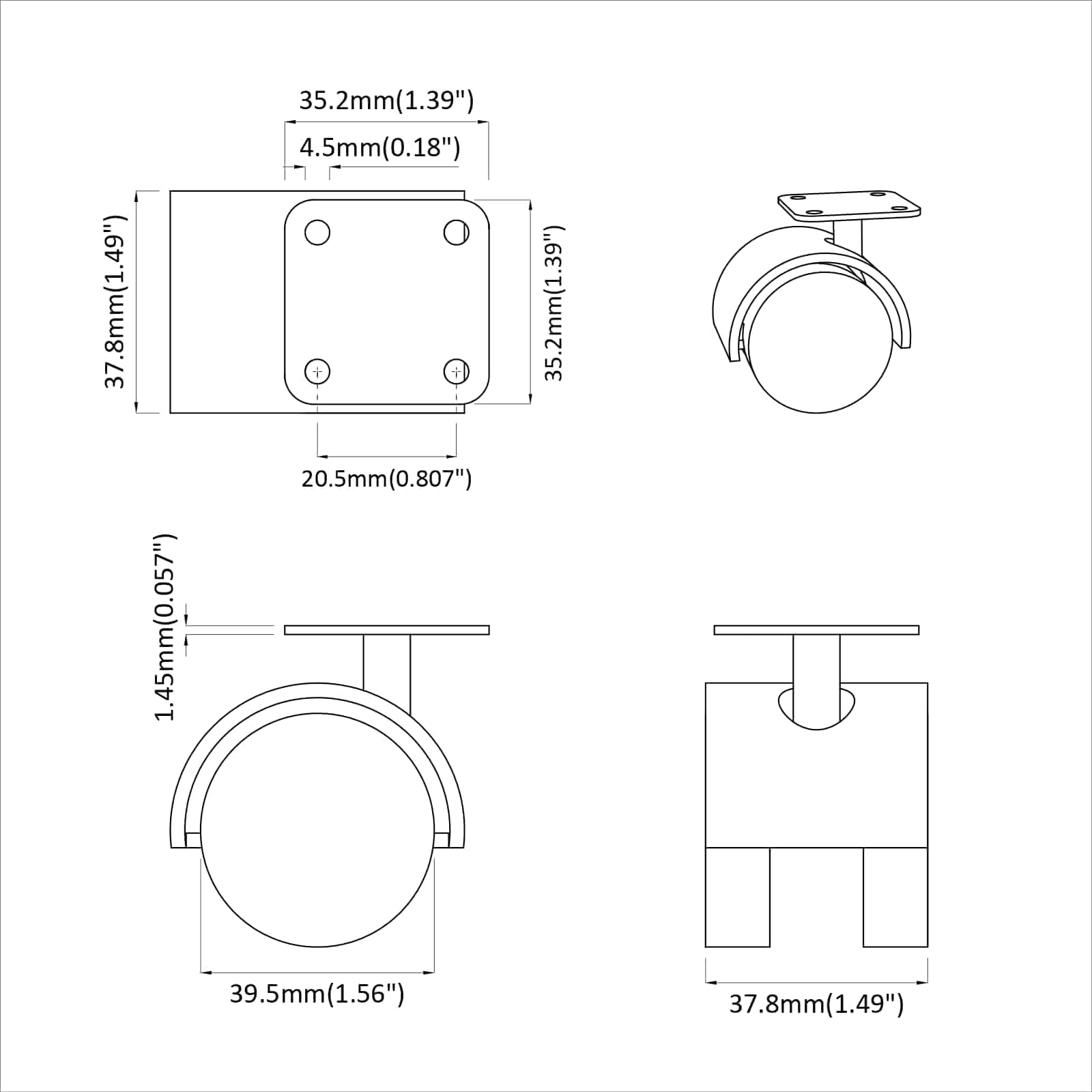 Drehrolle 2 Pcs Schwarz 39,5 X 39,5 X 37,8 Mm Eisen Und Pp
