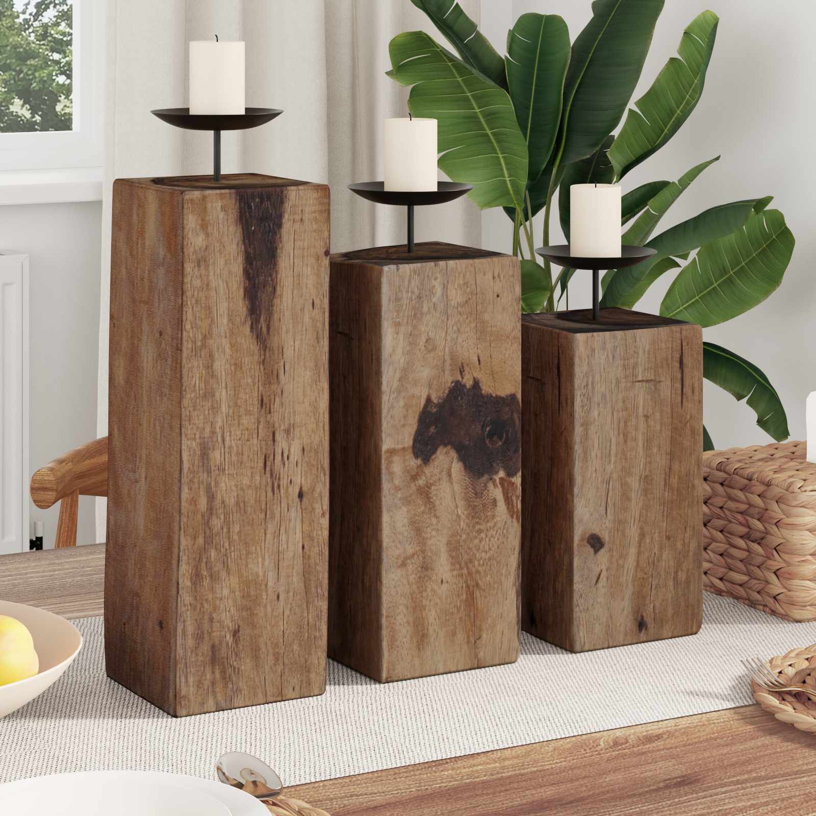 Kerzenhalter 3 Pcs Natur Massivholz Altholz